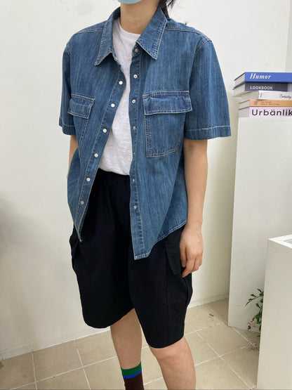 빈티지 워싱 반팔 데님셔츠