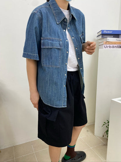빈티지 워싱 반팔 데님셔츠