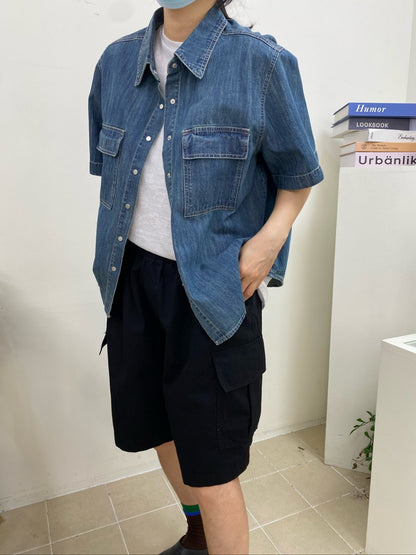 빈티지 워싱 반팔 데님셔츠