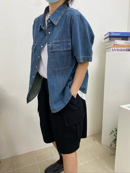 빈티지 워싱 반팔 데님셔츠